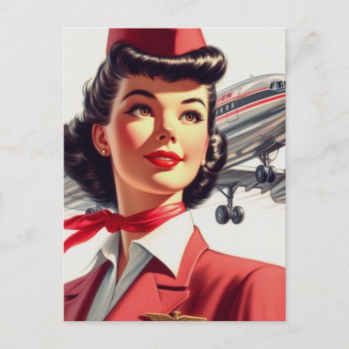 Vintage Stewardess Illustration Postcard