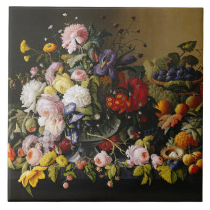 Vintage Still Life Flowers and Fruits Ceramic Tile