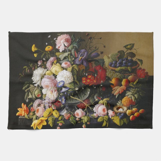 Vintage Still Life Flowers and Fruits Kitchen Towel (Horizontal)