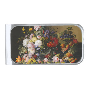 Vintage Still Life Flowers and Fruits Silver Finish Money Clip