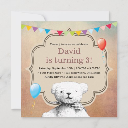 Vintage Stipple Teddy Bear Birthday 5.25x5.25 Square Paper Invitation Card