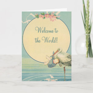 Vintage Stork Baby Boy Blanket, Welcome to World Card