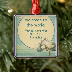 Vintage Stork Baby Boy Blanket, Welcome to World Metal Ornament