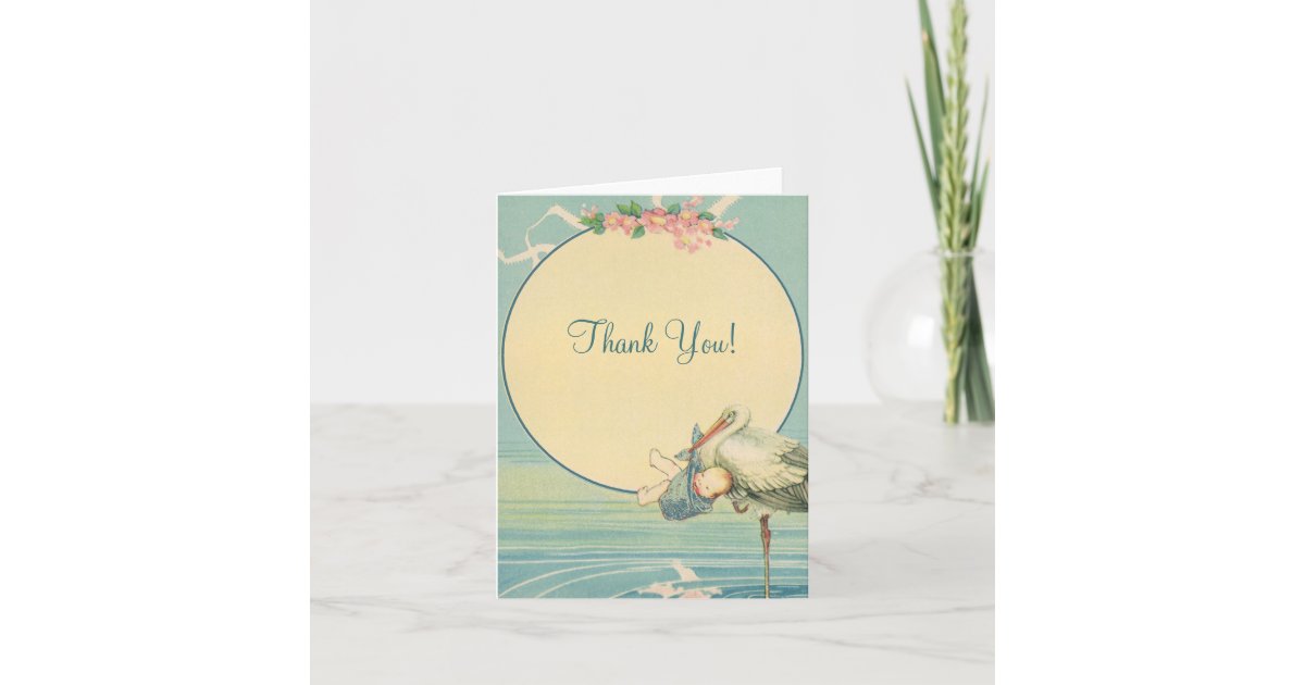 Vintage Stork Baby Boy In Blue Blanket Thank You Zazzle Com