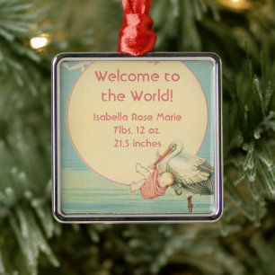 Vintage Stork Baby Girl Blanket, Welcome to World Metal Ornament