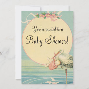 Vintage Stork Baby Girl Pink Blanket Baby Shower Invitation