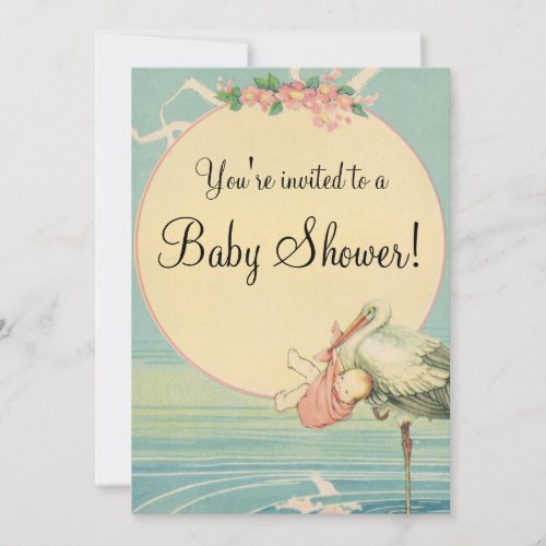 Vintage Stork Baby Girl Pink Blanket Baby Shower Custom Invite