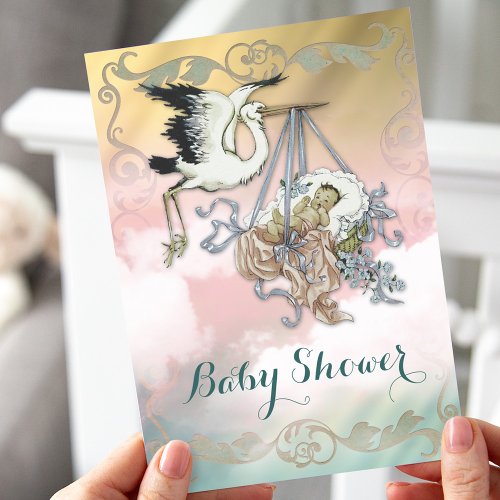 Vintage Stork Baby Shower Invitation