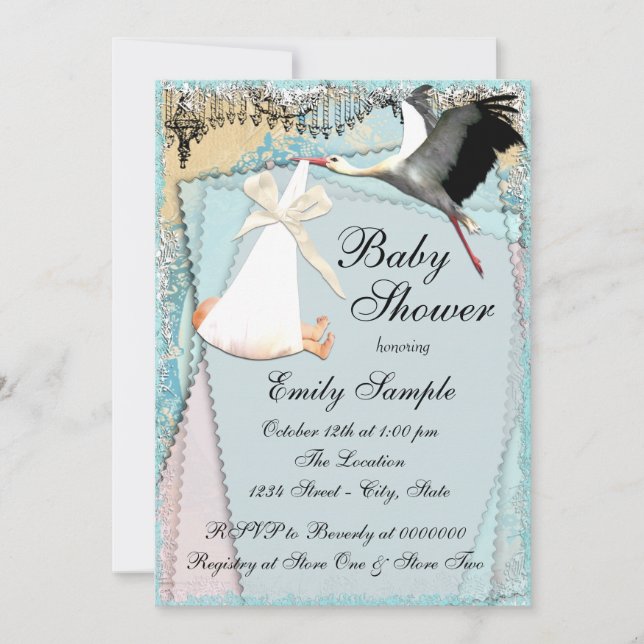 Vintage Stork Baby Shower Invitation (Front)