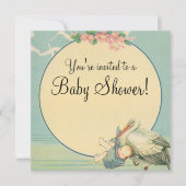 Vintage Stork Blue Blanket Baby Shower Invitation (Front)