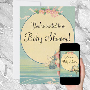 Vintage Stork Blue Blanket Baby Shower Invitation