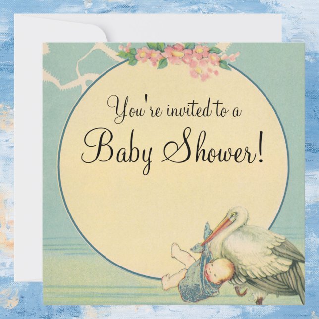 Vintage Stork Blue Blanket Baby Shower Invitation