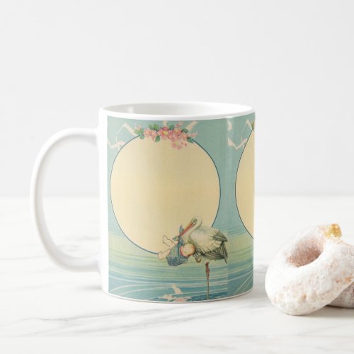 Vintage Stork Carrying Baby Boy in Blue Blanket Coffee Mug