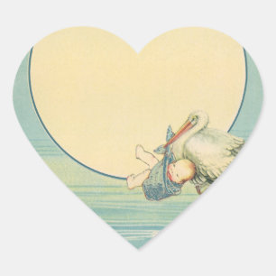 Vintage Stork Carrying Baby Boy in Blue Blanket Heart Sticker