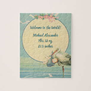Vintage Stork Carrying Baby Boy in Blue Blanket Jigsaw Puzzle