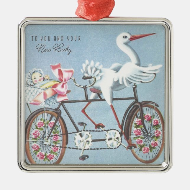 Vintage Stork on Bike To You and Your Baby Metal Ornament (Front)