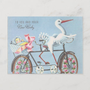Vintage Stork on Bike To You and Your Baby Postcard