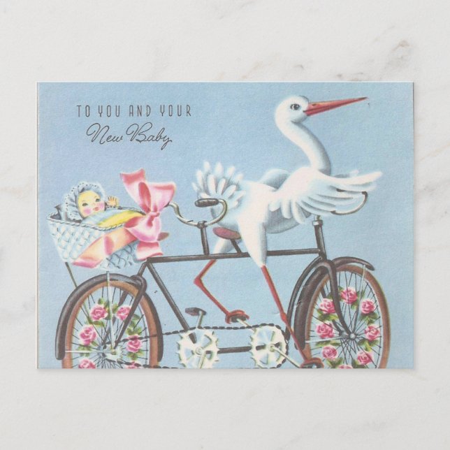 Vintage Stork on Bike To You and Your Baby Postcard (Front)