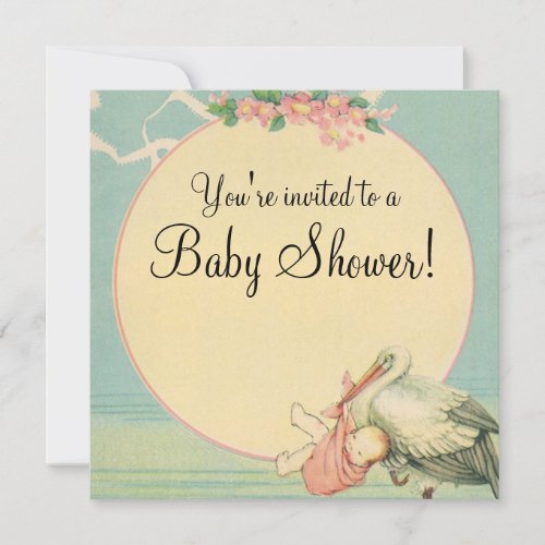 Vintage Stork Pink Blanket Baby Shower Invitation