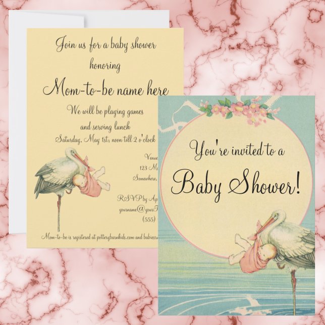 Vintage Stork Pink Blanket, Baby Shower Invitation