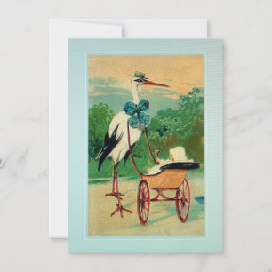 Vintage stork pushing boy birth announcement