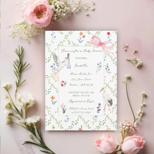 Vintage Stork, Rose And Ribbon Baby Shower Invitation