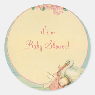 Vintage Stork with Baby Girl in Pink Blanket Classic Round Sticker