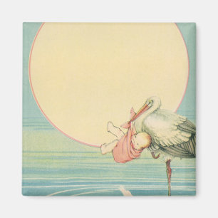 Vintage Stork with Baby Girl in Pink Blanket Magnet