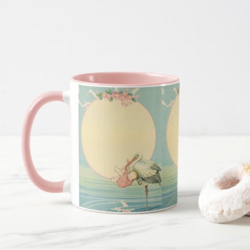 Vintage Stork with Baby Girl in Pink Blanket Mug