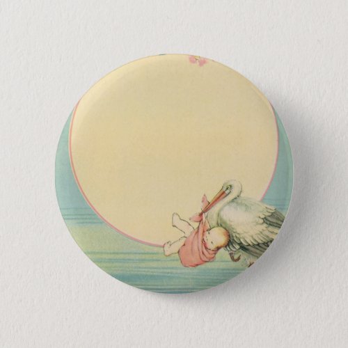 Vintage Stork with Baby Girl in Pink Blanket Pinback Button