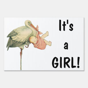 Vintage Stork with Baby Girl in Pink Blanket Yard Sign