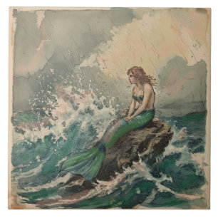 Vintage Stormy Sea with Mermaid  Ceramic Tile