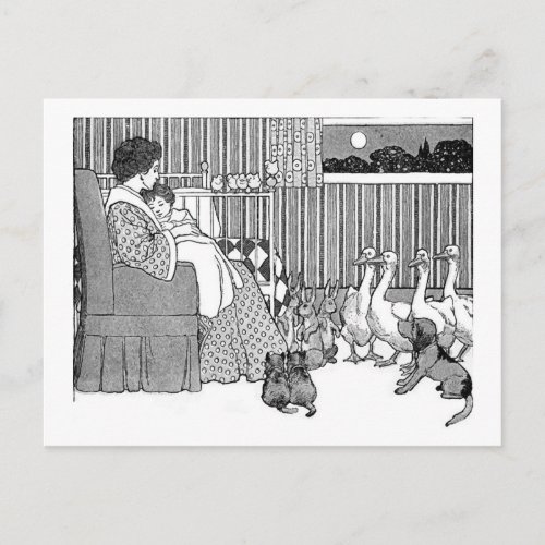 Vintage Story Time in Black  White Postcard