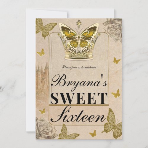 Vintage Storybook Castle Gold Butterfly Sweet 16 Invitation