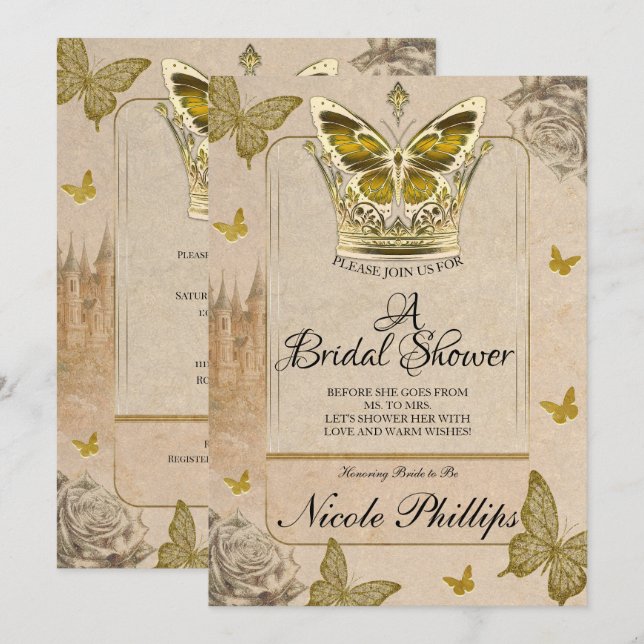 Vintage Storybook Gold Butterfly Bridal Shower Invitation (Front/Back)