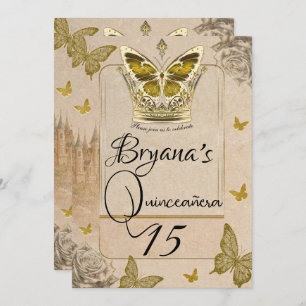 Vintage Storybook Gold Butterfly Quinceañera Invitation