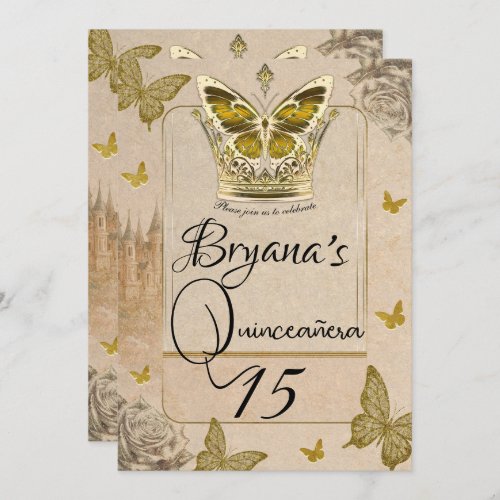 Vintage Storybook Gold Butterfly Quinceaera Invitation