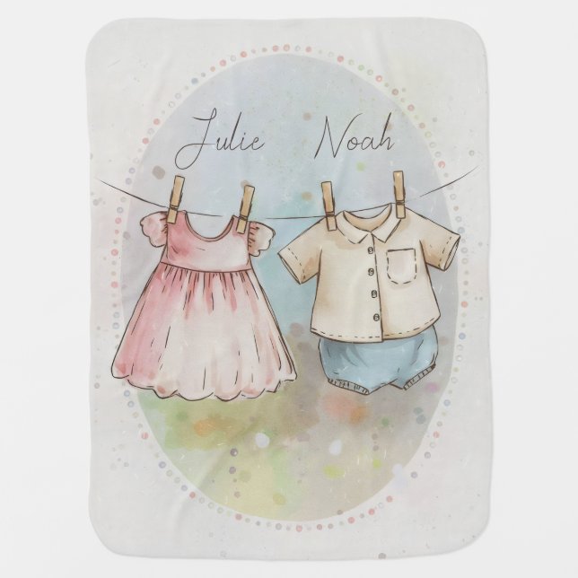 Vintage storybook inspired clothes line, twins baby blanket (Front)