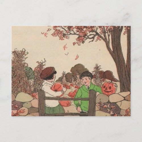 Vintage Storybook Kids  Pumpkins Postcard