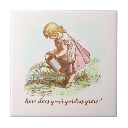 Vintage Storybook Pretty Child Waters Her Garden  Ceramic Tile