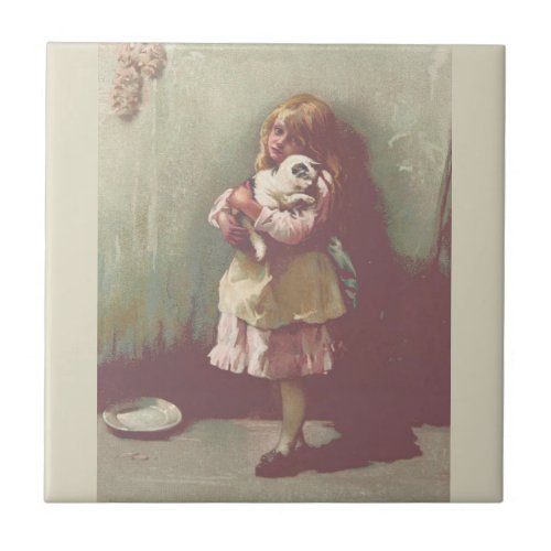 Vintage Storybook Pretty Girl Child with Kitten  Ceramic Tile