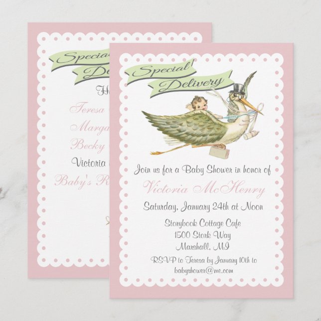 Vintage Storybook Stork Baby Shower Invitations (Front/Back)