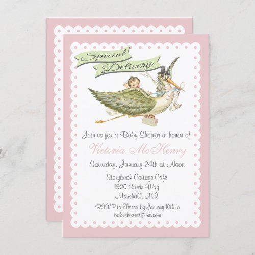 Vintage Storybook Stork Baby Shower Invitations