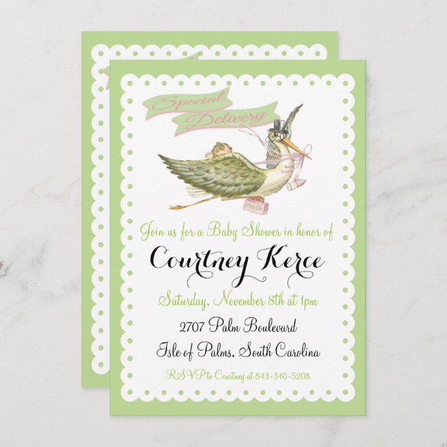 Vintage Storybook Stork Baby Shower Invitations (Front/Back)