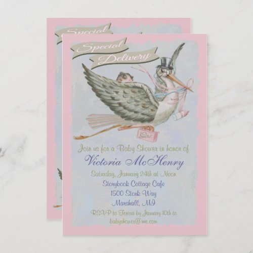 Vintage Storybook Stork Baby Shower Invitations