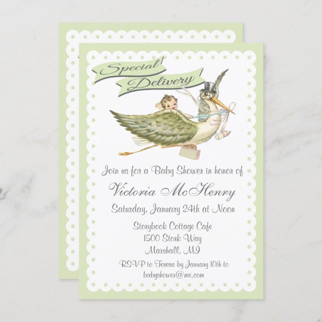 Vintage Storybook Stork Baby Shower Invitations (Front/Back)