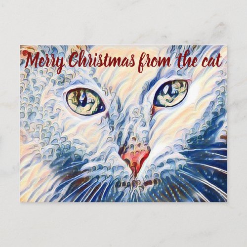 Vintage Storybook Style White Cat Merry Christmas Postcard