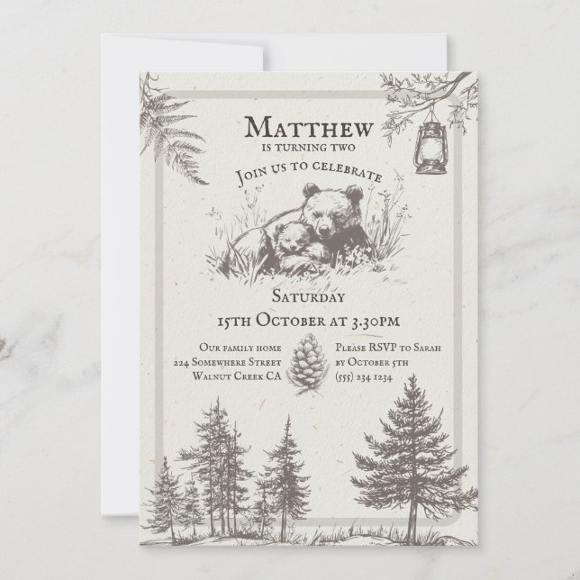 Vintage Storybook Style Woodland Animal Birthday Invitation (Front)
