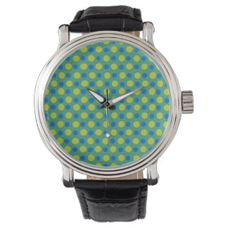Vintage Strap Wristwatch: Blue, Green Polka Dots Watch