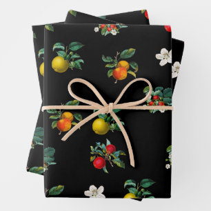 Vintage Strawberries and Apple Branches Black Wrapping Paper Sheets